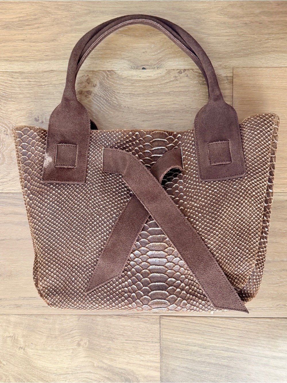 Longobardi Italian Brown Snake Embossed Leather Suede Bow Tote Bag Expandable - Picture 4 of 16